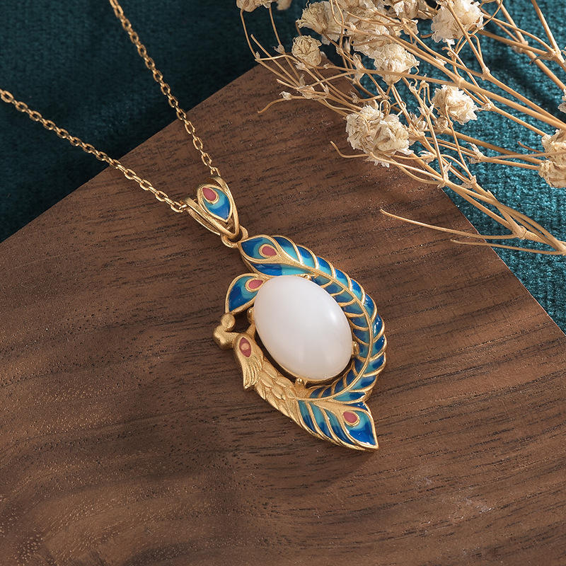 Buddha Stones White Jade Peacock Copper Blessing Necklace Pendant Necklaces & Pendants BS 1