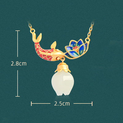 Buddha Stones 925 Sterling Silver White Jade Koi Fish Lotus Protection Necklace Pendant Necklaces & Pendants BS 9