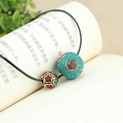 Buddha Stones Tibetan Turquoise Double Bead Protection Strength Necklace Pendant Necklaces & Pendants BS 8
