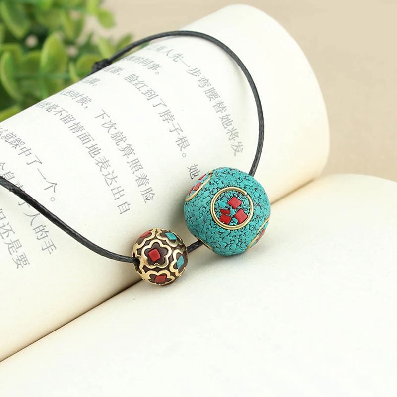 Buddha Stones Tibetan Turquoise Double Bead Protection Strength Necklace Pendant Necklaces & Pendants BS 8