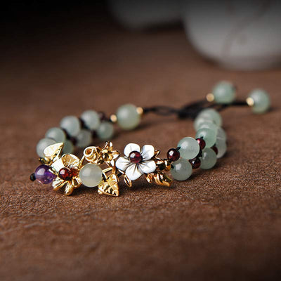 Buddha Stones Green Aventurine Garnet Bead Flower Petal Luck Bracelet Bracelet BS 8