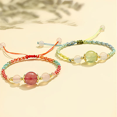 Buddha Stones Strawberry Quartz Pink Crystal Prehnite White Agate Bead Healing Rope Bracelet 15