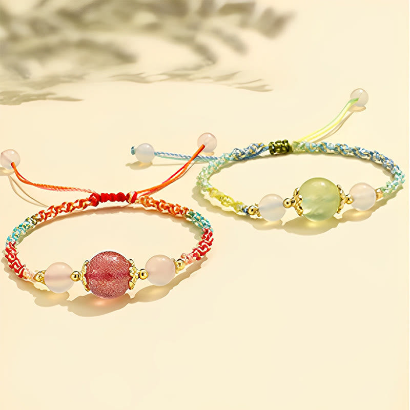 Buddha Stones Strawberry Quartz Pink Crystal Prehnite White Agate Bead Healing Rope Bracelet 15