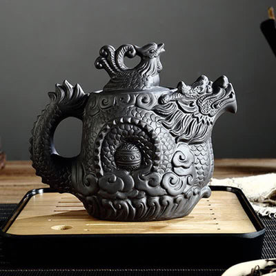 Buddha Stones Vintage Dragon Phoenix Ceramic Teapot Teapot BS 4