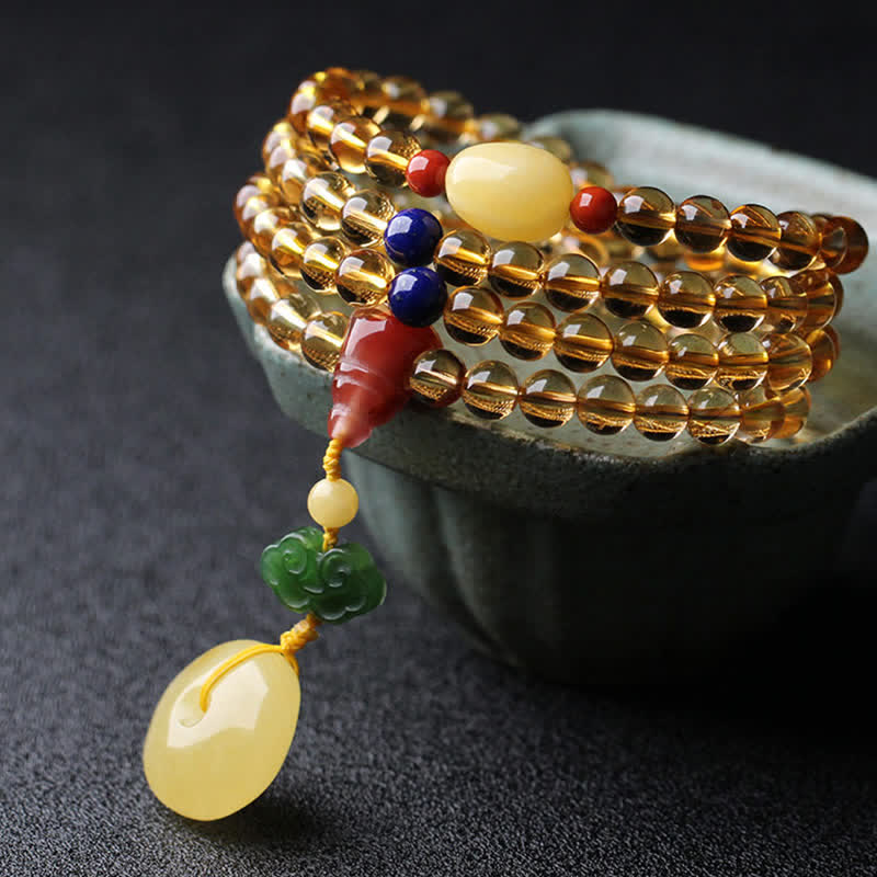 108 Mala Beads Natural Citrine Amber Peace Buckle Red Agate PiXiu Protection Charm Bracelet Mala Bracelet BS 10