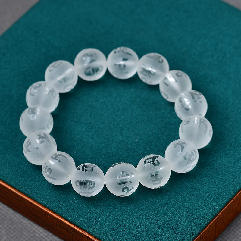 Buddha Stones Tibet White Crystal Black Onyx Om Mani Padme Hum Meditation Bracelet Bracelet BS Frosted White Crystal(Synthetic) 14mm