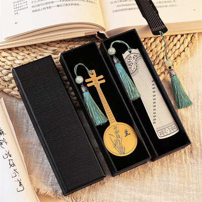 Buddha Stones Classical Musical Instruments Pipa Guzheng Guqin Ruan Metal Bookmarks Tassel With Gift Box Bookmarks BS 24