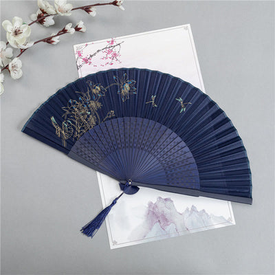 Buddha Stones Crane Dragonfly Lotus Peony Plum Blossom Butterfly Handheld Silk Bamboo Folding Fan 22.5cm 5
