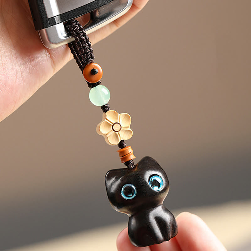 Foviel Mini Small Leaf Red Sandalwood Ebony Wood Lucky Cat Lovely Kitty Peace Key Chain Phone Hanging Decoration