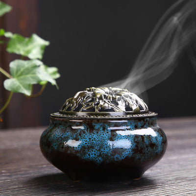 Buddha Stones Flower Pattern Ceramic Blessing Meditation Incense Burner Decoration Decorations Incense Burner BS Blue