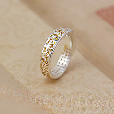 Buddha Stones Peace and Joy Tang Dynasty Flower Design Lotus Heart Sutra Carved Copper Luck Adjustable Ring Ring BS Joy&Tang Dynasty Flower Design 18mm(Adjustable)