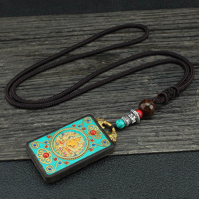 Buddha Stones Tibet God Of Wealth Money Tree Golden Phoenix Thangka Ebony Peace Necklace Pendant Necklaces & Pendants BS God Of Wealth