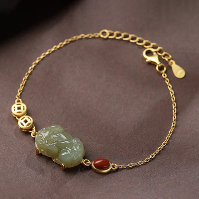 Buddha Stones Cyan Jade PiXiu Copper Coin Red Agate Success Chain Bracelet Bracelet BS Jade(Prosperity♥Abundance)