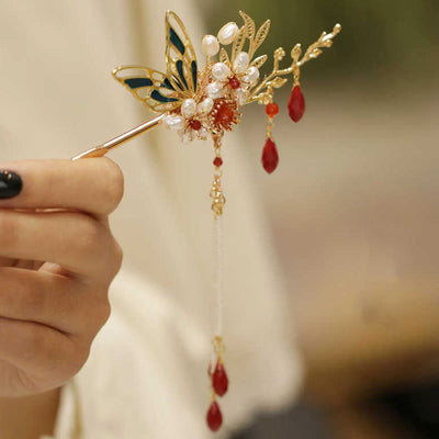 Foviel Klassische chinesische Stil Blume sz. Schmetterling Pearlagil Haar Clip Haarnadel Haar Krone