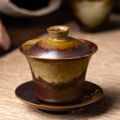 Buddha Stones Vintage Brown Kiln Change Design Porcelain Ceramic Gaiwan Sancai Teacup Kung Fu Tea Cup And Saucer With Lid Cup BS 2