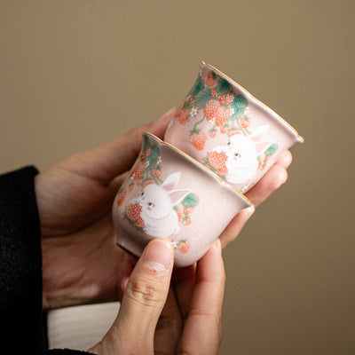 Buddha Stones Cute Strawberry Rabbit Flower Ceramic Teacup Kung Fu Tea Cup 55ml Cup BS 13