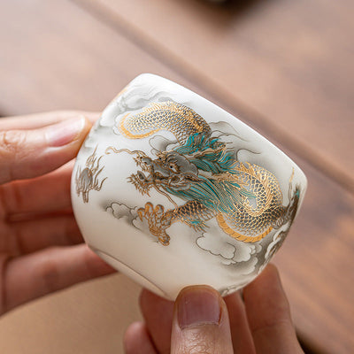 Buddha Stones Dragon Phoenix Auspicious Clouds Ceramic Teacup Kung Fu Tea Cup With Gift Box Cup BS Golden Dragon 6.5cm*5.5cm*130ml(Gift Box)