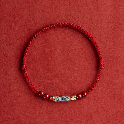 Buddha Stones 925 Sterling Silver Koi Fish Cinnabar Bead Wealth Handcrafted Braided Bracelet Anklet Bracelet Anklet BS Anklet(Circumference 17-30cm) Dark Red Rope