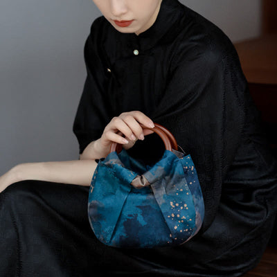 Buddha Stones Handmade Jacquard Flower Blue Wooden Handle Handbag Handbags BS 10