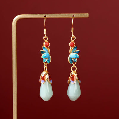 Buddha Stones Magnolia Flower Jade Pattern Luck Prosperity Drop Dangle Earrings Earrings BS 4