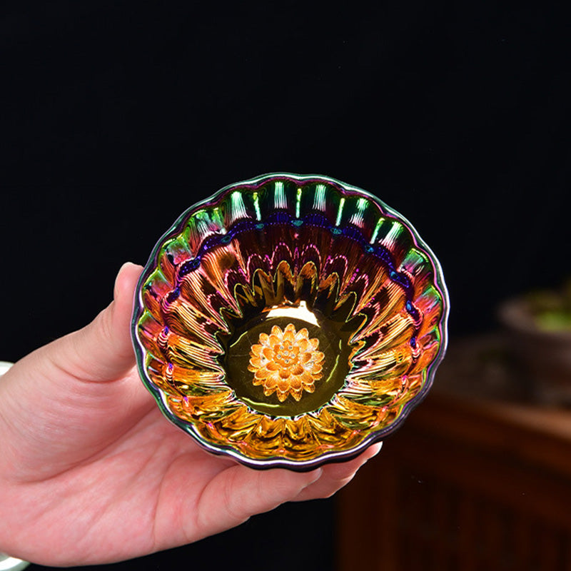 Buddha Stones Lotus Peacock Gold Inlaid Multicolored Chinese Jianzhan Ceramic Teacup Kung Fu Tea Cup Jian Zhan Tea Cup BS 4