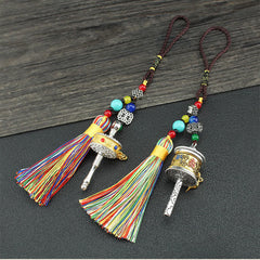 Buddha Stones Tibet Om Mani Padme Hum Prayer Wheel Tassel Bag Car Hanging Decoration Car Hanging Decoration BS main