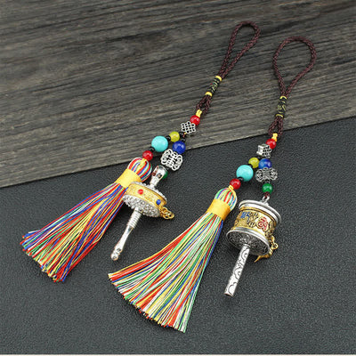 Buddha Stones Tibet Om Mani Padme Hum Prayer Wheel Tassel Bag Car Hanging Decoration Car Hanging Decoration BS main