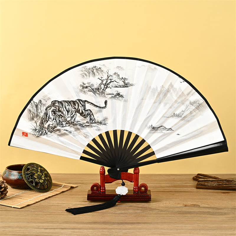 Buddha Stones Vintage Phoenix Nine-Tailed Fox Flower Bamboo Tiger Handheld Folding Fan Lotus Tassel Fan Folding Fan BS Tiger and Mountain