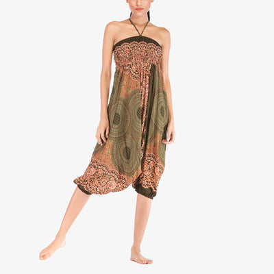 Buddha Stones Two Style Wear Round Geometric Pattern Loose Smocked Harem Trousers Jumpsuit High Waist Women's Yoga Pants Harem Pants&Bodysuit BS 43
