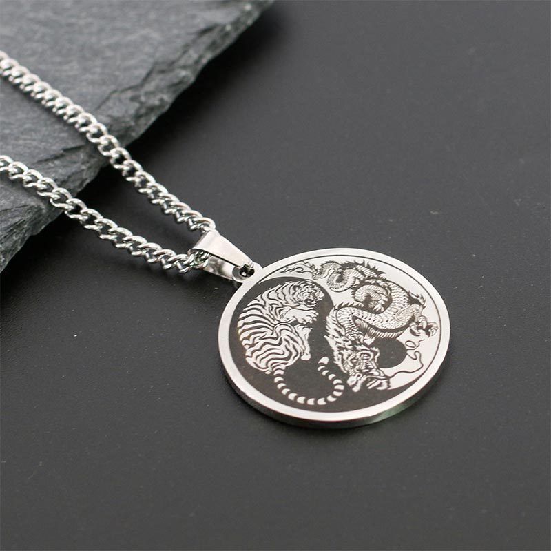 Buddha Stones Tiger Dragon Titanium Steel Chain Necklace Harmony Pendant Necklaces & Pendants BS 5
