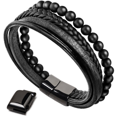 Buddha Stones Natural Lava Rock Black Onyx Bead Leather Bracelet Bracelet BS 9