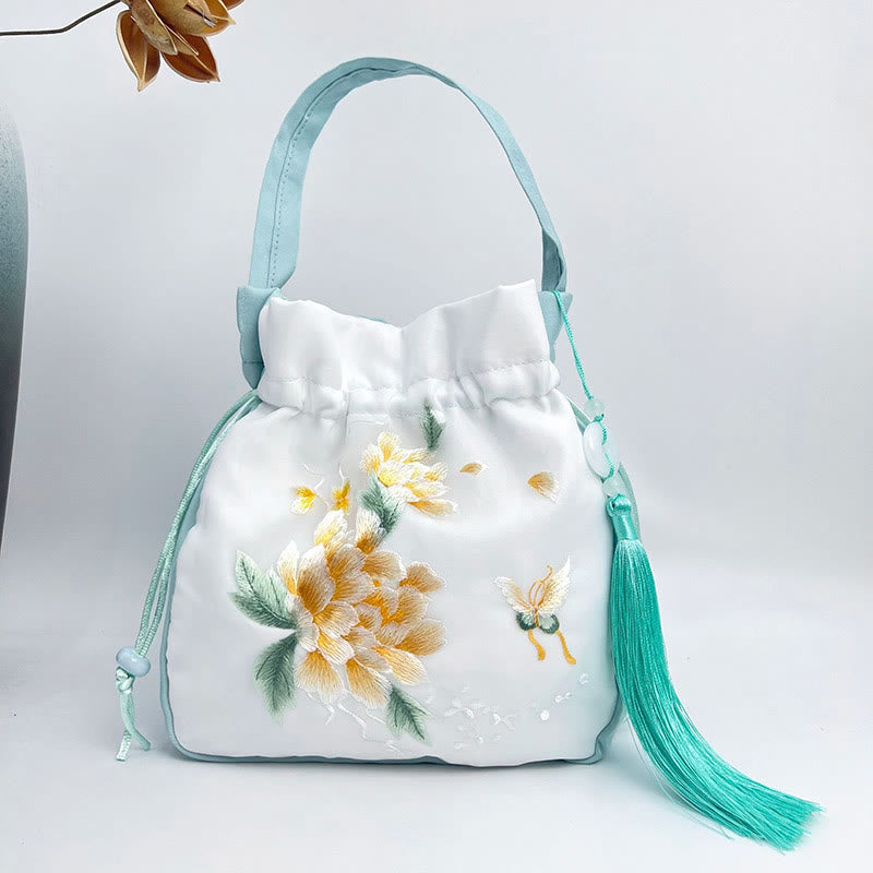 Buddha Stones Suzhou Embroidery Rabbit Lotus Epiphyllum Peony Magnolia Silk Tote Crossbody Bag Shoulder Bag Handbag Crossbody Bag BS Light Green Golden Peony 20*20*7cm