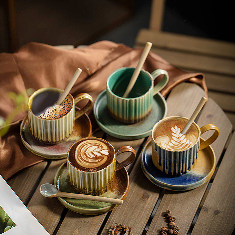 Buddha Stones Retro Striped Kiln Change Ceramic Coffee Mug Rough Pottery Tea Coffee Cup With Saucer 250ml Coffee Mug BS 1