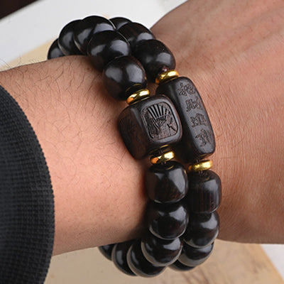 Buddha Stones Tibetan Ebony Wood Barrel Beads Lucky And Treasure Balance Bracelet 16