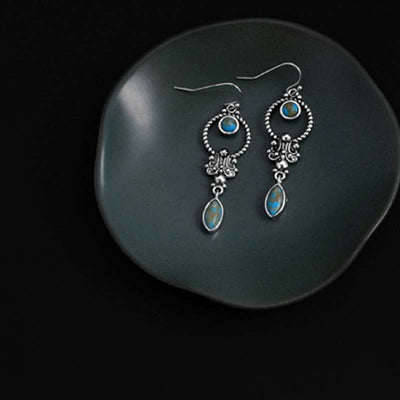 Buddha Stones 925 Sterling Silver Hook Vintage Copper Plated Silver Turquoise Waterdrop Pattern Balance Drop Dangle Earrings - image 3