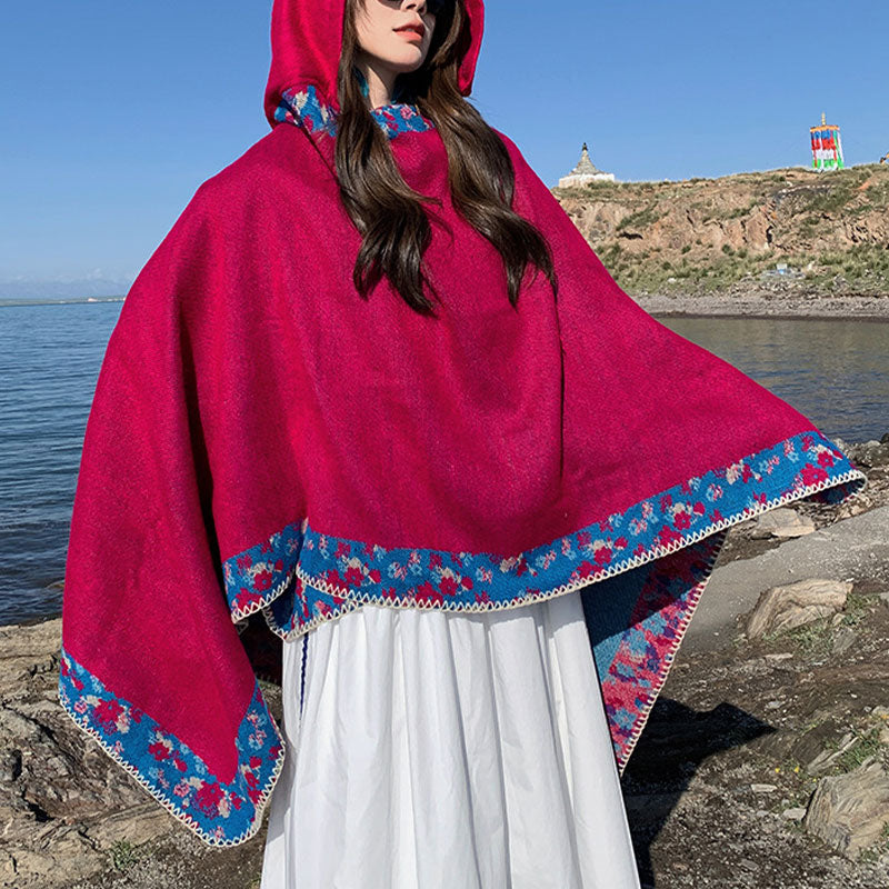 Buddha Stones Tibetan Shawl Border Small Floral Flower Hooded Cloak Winter Cozy Travel Scarf Wrap Tibetan Shawl BS 21