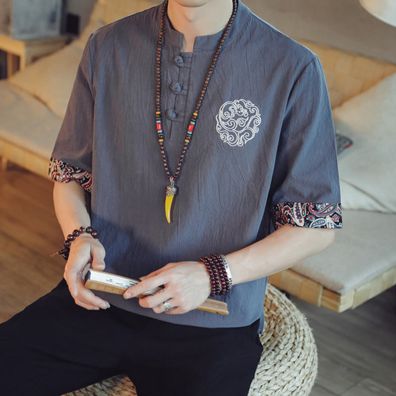 Buddha Stones Frog-Button Dragon Embroidery Chinese Tang Suit Short Sleeve Shirt Linen Men Clothing Men's Shirts BS 8