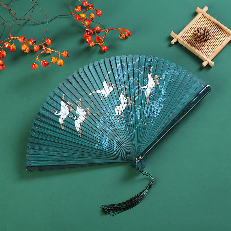 Buddha Stones Vintage Cloud Crane Maple Leaf Pattern Handheld Bamboo Folding Fan Folding Fan BS Crane Green 18.5cm