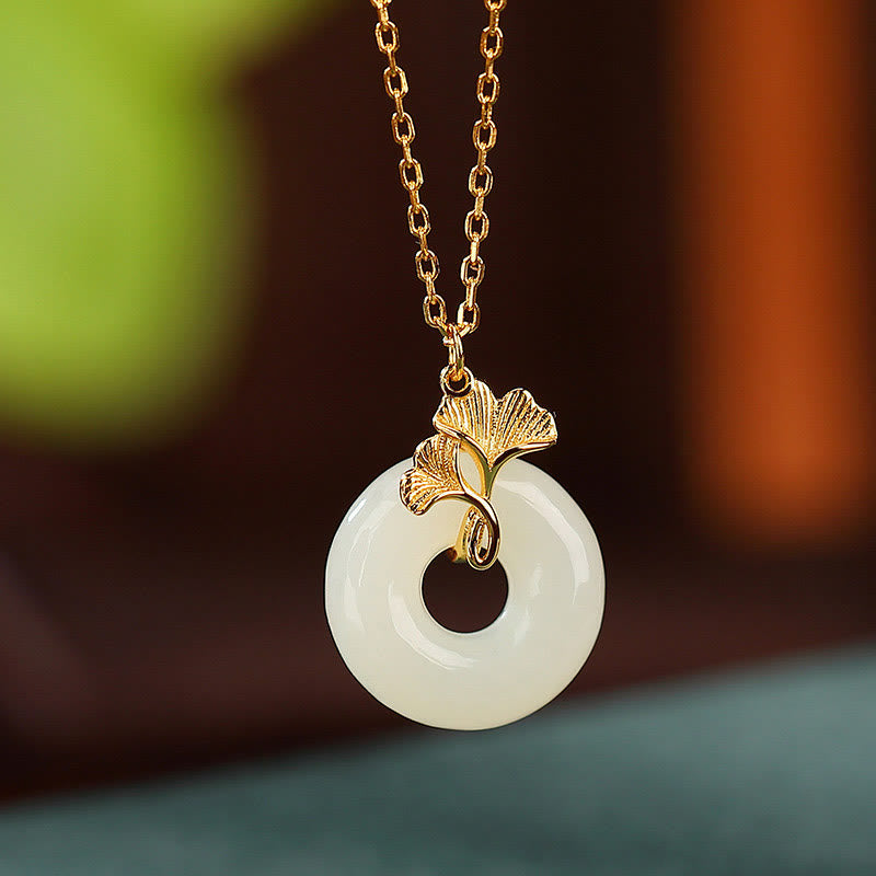 Buddha Stones 925 Sterling Silver Natural Hetian Jade Ginkgo Leaf Peace Buckle Luck Necklace Pendant Necklaces & Pendants BS 1