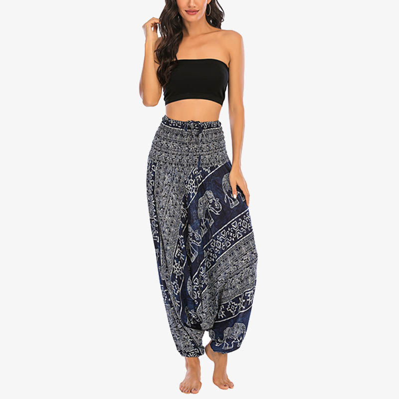 Buddha Stones Two Style Wear Elephant Pattern Loose Smocked Harem Trousers Jumpsuit Women's Yoga Pants Harem Pants&Bodysuit BS 36