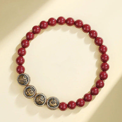 Buddha Stones 925 Sterling Silver Natural Cinnabar Four Beasts Blessing Bracelet Bracelet BS 6mm Four Beasts(Wrist Circumference 14-16cm)