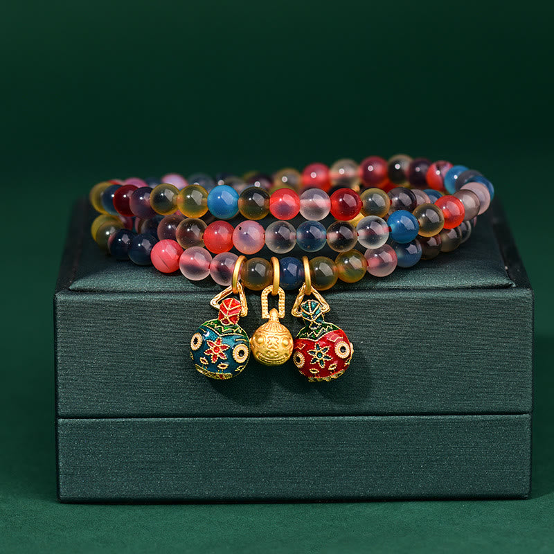 Buddha Stones Colorful Candy Agate Gold Swallowing Beast Family Strength Charm Triple Wrap Bracelet Bracelet BS Candy Agate(Hope♥Balance)