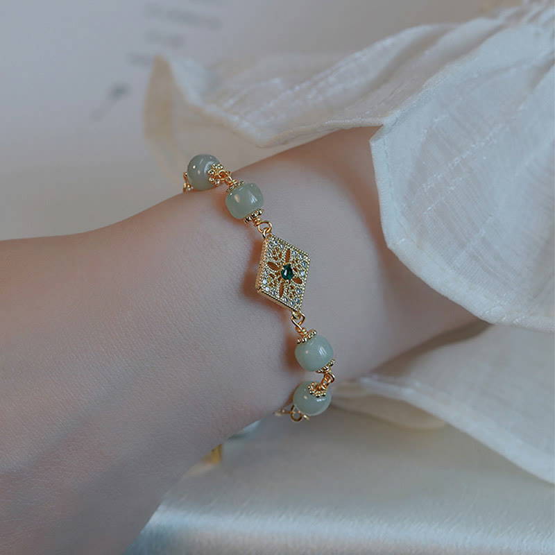 Buddha Stones Natural Hetian Jade Bead Square Pattern Luck Chain Bracelet Bracelet BS 1