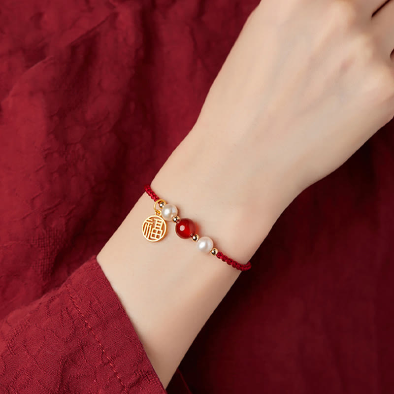 Buddha Stones 925 Sterling Silver Good Fortune Fu Character Agate Pearl Red String Braid Bracelet - image 11