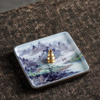 Buddha Stones Mountain Lake Flower Leaf Healing Ceramic Plate Tray Stick Incense Burner Decoration Incense Burner BS Mountain Lake 10.2*10.2*1.2cm