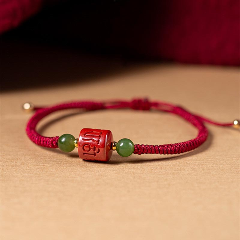 Buddha Stones Tibetan Cinnabar Om Mani Padme Hum Engraved Blessing Braided Rope Bracelet Bracelet BS 5