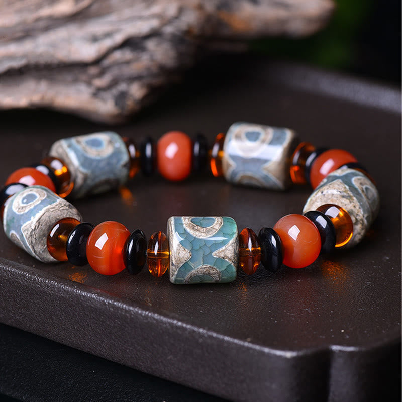 Buddha Stones Tibetan Three-eyed Dzi Bead Agate Protection Happiness Bracelet Bracelet BS Three-eyed Dzi Bead