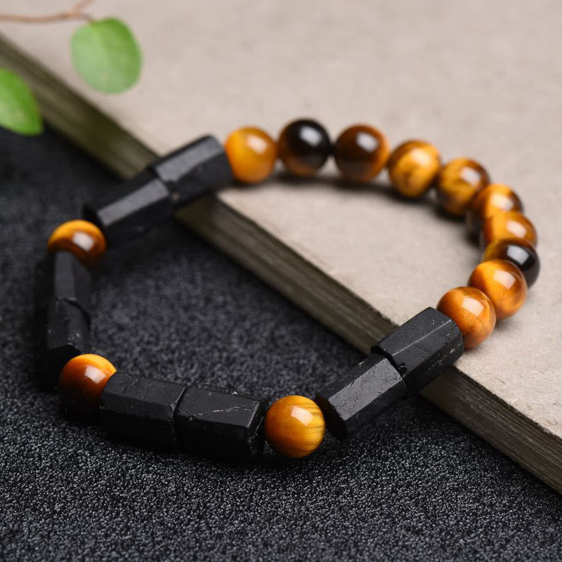 Foviel Natürliche schwarze Turmalin Tigerauge positives Armband