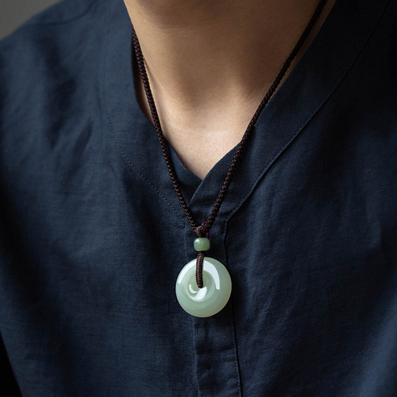 Buddha Stones Natural Round Jade Peace Buckle Luck Prosperity Necklace Pendant Necklaces & Pendants BS 3