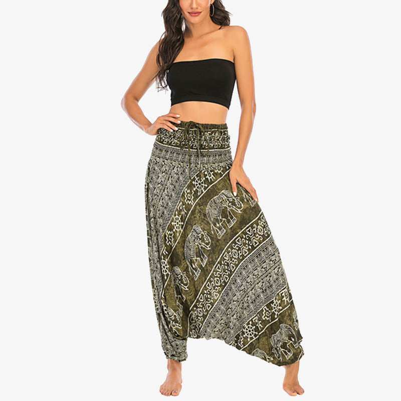 Buddha Stones Two Style Wear Elephant Pattern Loose Smocked Harem Trousers Jumpsuit Women's Yoga Pants Harem Pants&Bodysuit BS 12